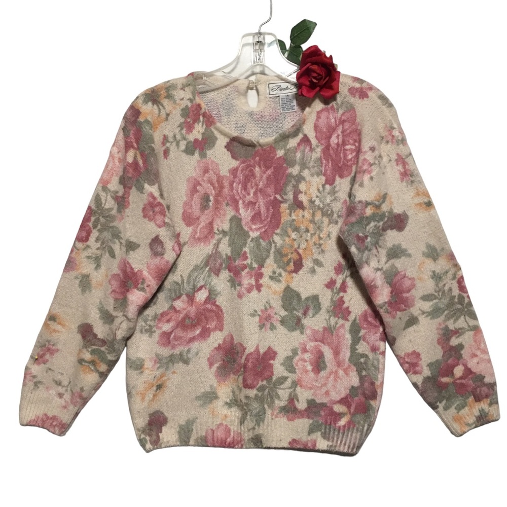 Private Party Silk Nylon Angora Rabbit Hair Fairycore Pink Floral Sweater Sz Sm